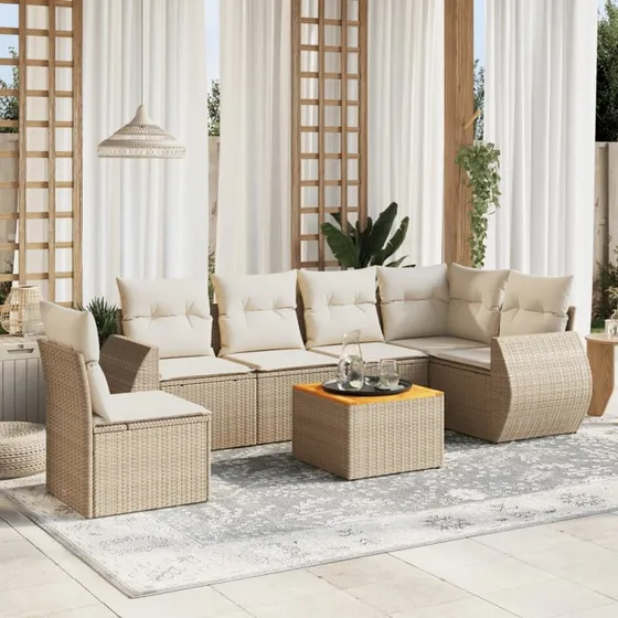 7-dele havemøbelsæt i polyrattan med hynder - beige