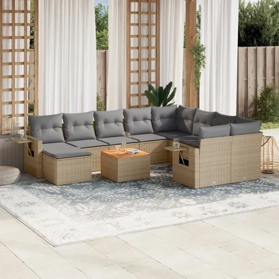 11-dele sofasæt til haven i polyrattan - beige med hynder