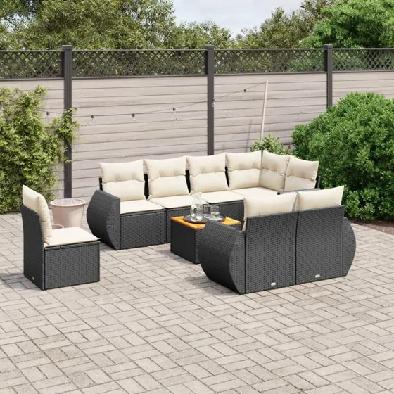 Havesofasæt 9 dele polyrattan med hynder – sort