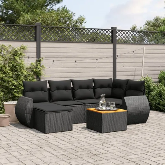 7-delers havesofasæt i polyrattan med hynder, sort