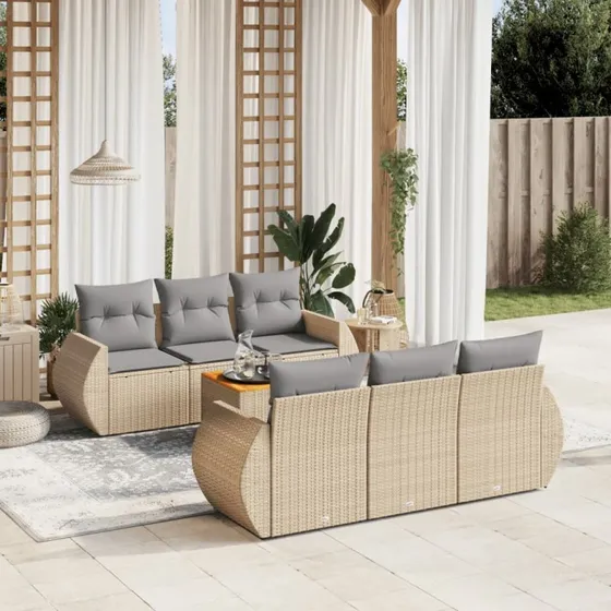 Havemøbelsæt 7 dele i polyrattan med hynder - beige