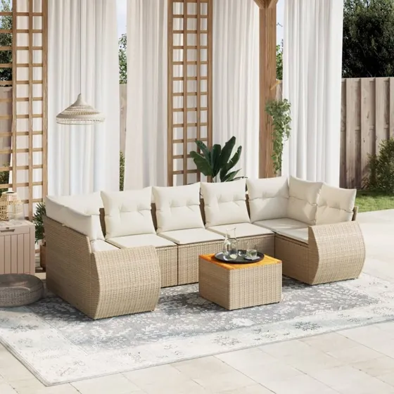 Havesofasæt 8 dele i polyrattan med hynder – beige