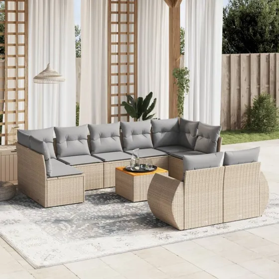 Havesofasæt 10 dele i polyrattan med hynder - beige