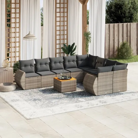 10-del havemøbel sofasæt i grå polyrattan med hynder