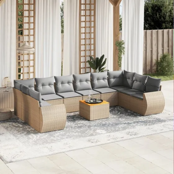 Polyrattan loungesæt til haven 11 dele med hynder - beige