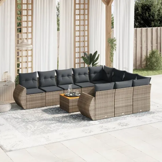 Loungesæt i polyrattan 11 dele med hynder - Grå
