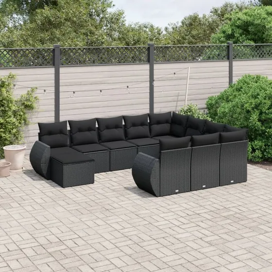 Havesofasæt 11 dele polyrattan med hynder - sort