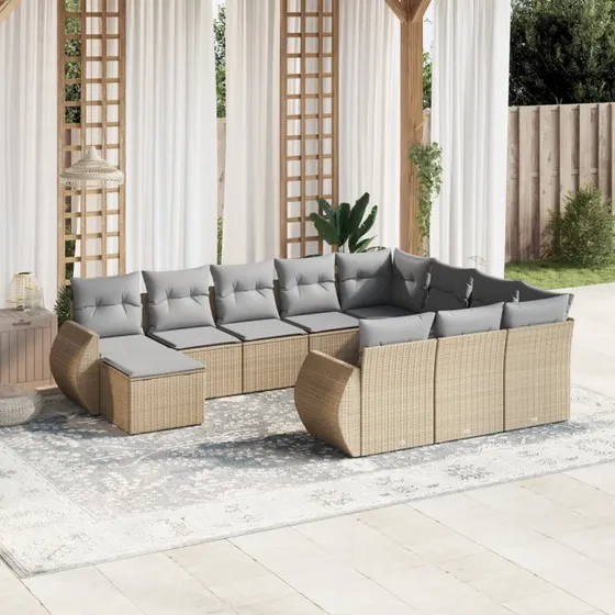 Havesofasæt 11 dele i polyrattan med hynder - Beige