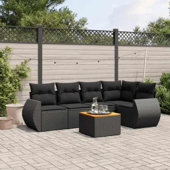 Havesofasæt 6 dele i sort polyrattan med hynder