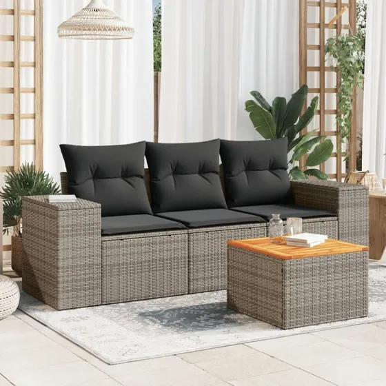 Havesofa sæt 4 dele i grå polyrattan med hynder