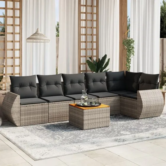 Havesofa sæt 7 dele i grå polyrattan med hynder