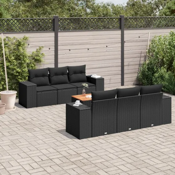 Havesofasæt 7 dele i sort polyrattan med hynder