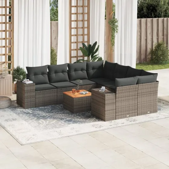Havesofa sæt 9 dele i grå polyrattan med hynder