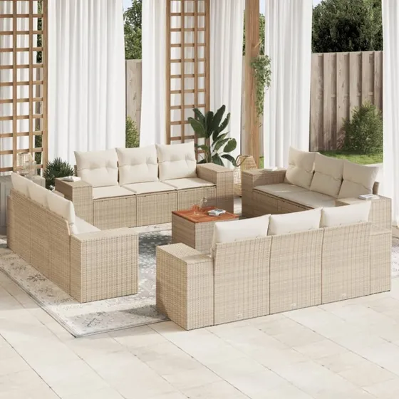 Havesæt 13 dele i polyrattan med hynder - beige