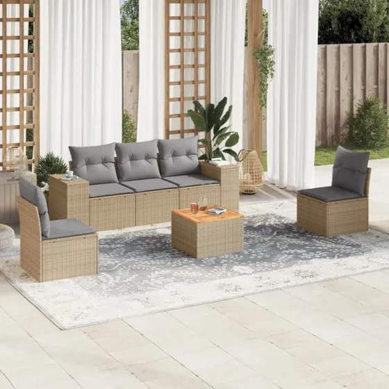 Havesofasæt 6 dele polyrattan beige med hynder