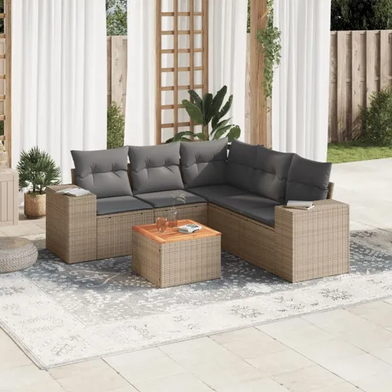 Havesofasæt 6 dele i beige polyrattan med hynder