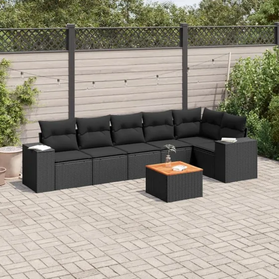 Havesofasæt 7 dele i sort polyrattan inkl. hynder