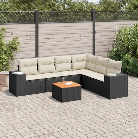 Havesæt 7 dele i sort polyrattan med hynder