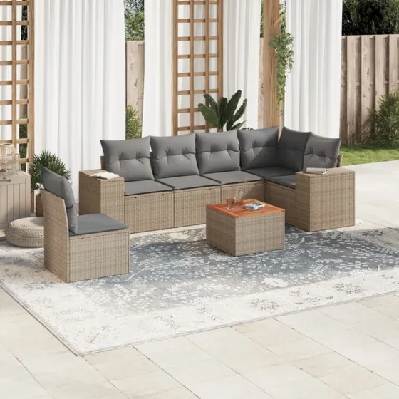 Havesofasæt 7 dele i polyrattan med hynder – beige