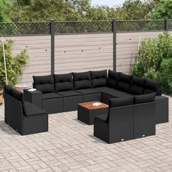 Havesofasæt 12 dele polyrattan sort med hynder