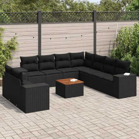 Havesofasæt i polyrattan 10 dele med hynder - sort