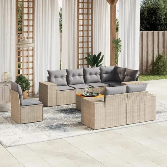 Havesæt 9 dele i beige polyrattan med hynder