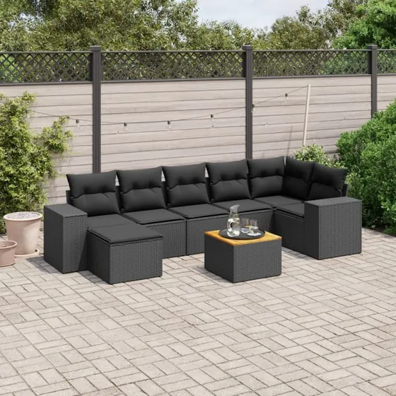 Havesofasæt 8 dele med hynder – sort polyrattan