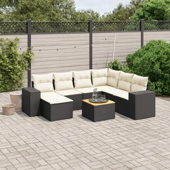 Havesofasæt 8 dele i sort polyrattan m. hynder