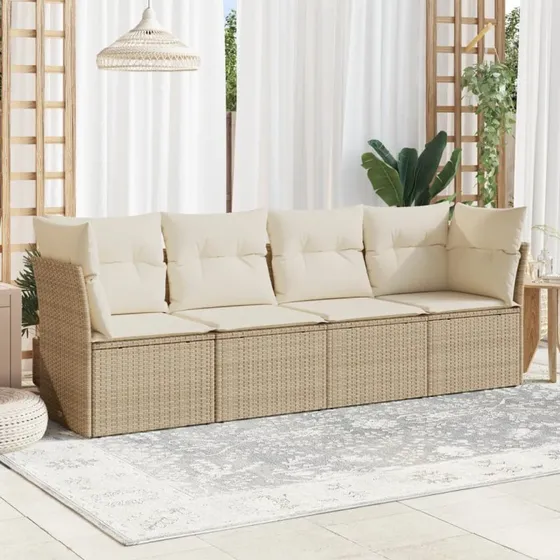 Havesofasæt 4 dele i polyrattan med hynder – beige