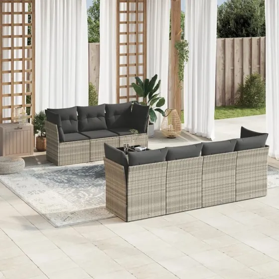 Havesofasæt 8 dele i polyrattan med hynder, lysegrå