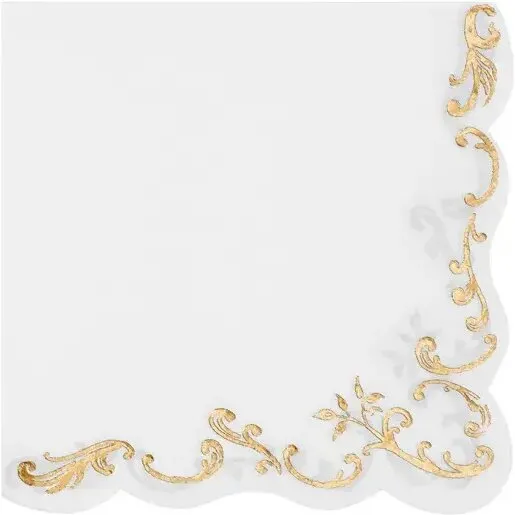 Servietter 12 stk. hvide med gyldne ornamenter 33x33 cm