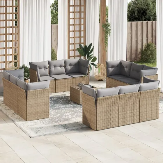 Havesæt 13 dele i polyrattan med hynder - beige