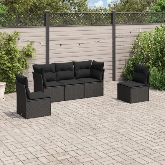 Havesofasæt 5 dele i sort polyrattan med hynder