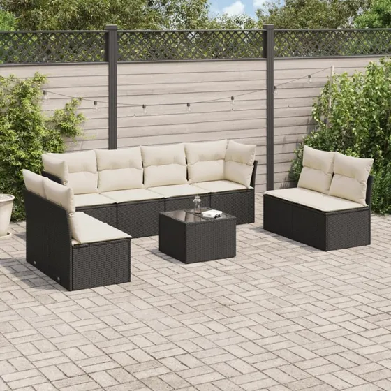 Sofasæt til haven 9 dele i sort polyrattan inkl. hynder