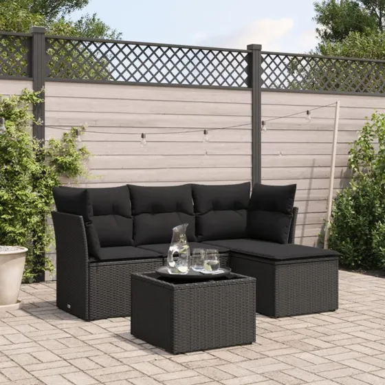 Sofasæt til have 5 dele i polyrattan med hynder - sort