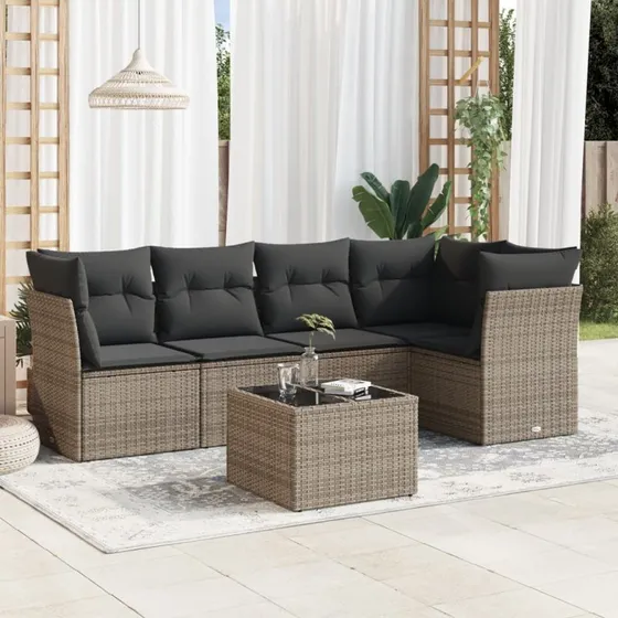 Sofasæt i polyrattan til haven 6 dele med hynder, grå