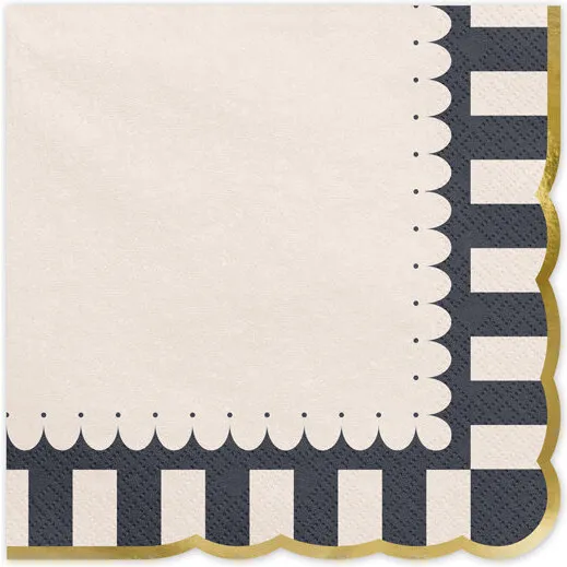 12 stk. Servietter Sort/Beige med Guldkant 33 cm