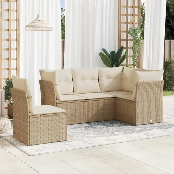 5-dele havemøbelsæt i polyrattan med hynder – beige
