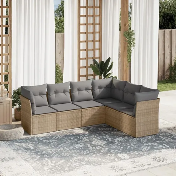 Havesofasæt 6 dele i polyrattan med hynder - beige