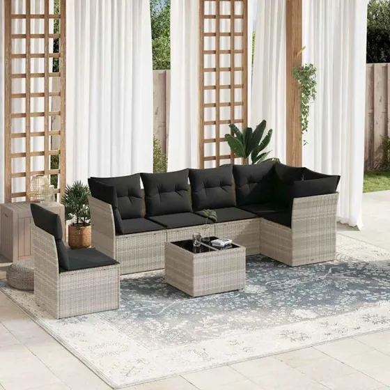 Sofasæt til haven 7 dele i lysegrå polyrattan med hynder