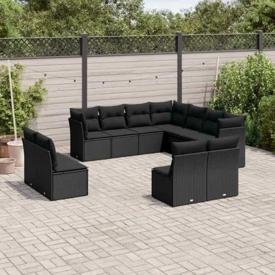 Havesofasæt i polyrattan 11 dele med hynder, sort