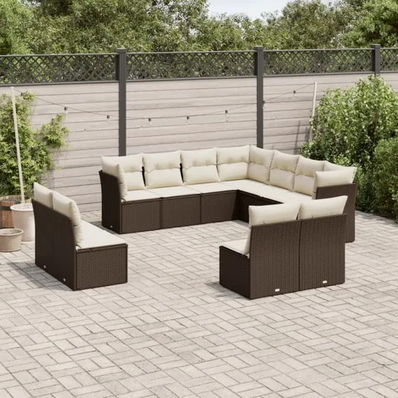 Loungesæt i polyrattan 11 dele med hynder – brun