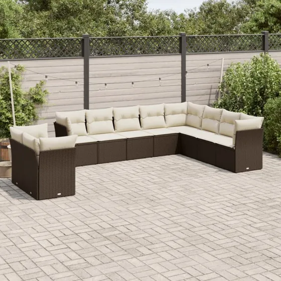 Havesofasæt 10 dele i polyrattan med hynder – brun