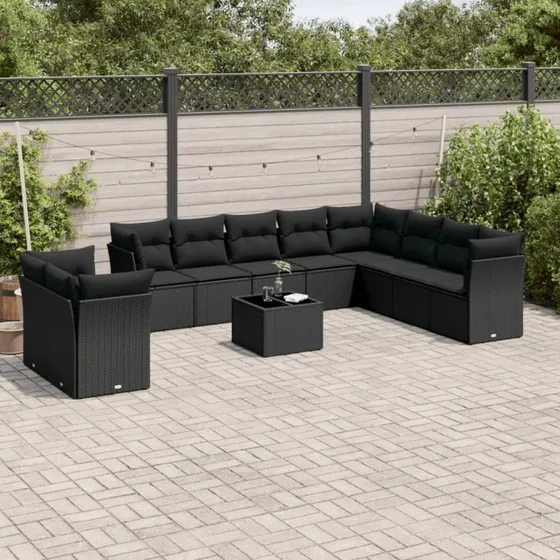 Havesofasæt 11 dele i sort polyrattan med hynder
