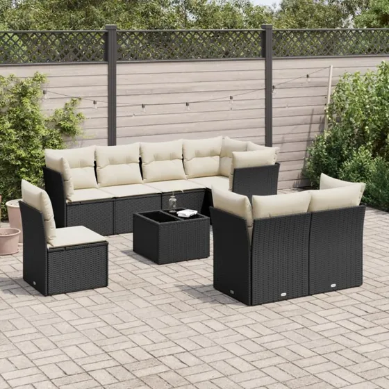 Havesæt 9 dele i sort polyrattan med hynder
