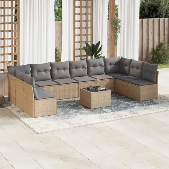Havesofasæt 11 dele polyrattan med hynder, beige