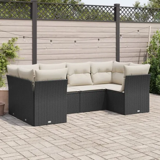 Sofasæt til haven 6 dele i sort polyrattan med hynder
