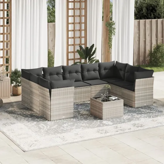 Havesofasæt 10 dele i polyrattan lysegrå med hynder