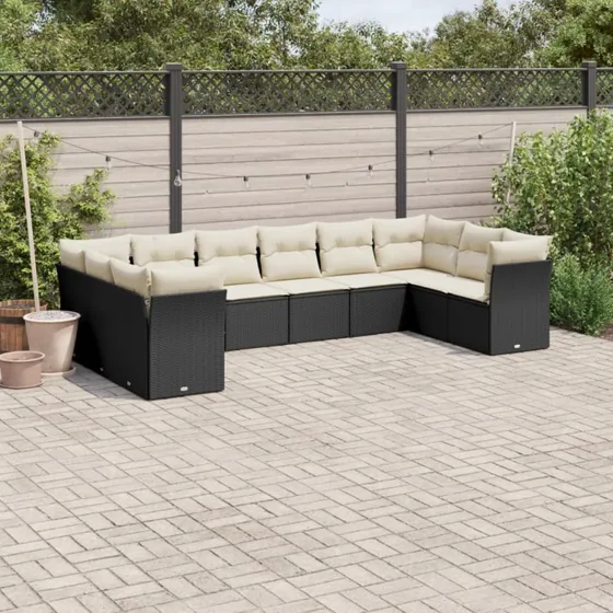 Havesofasæt 10 dele i polyrattan - sort med hynder