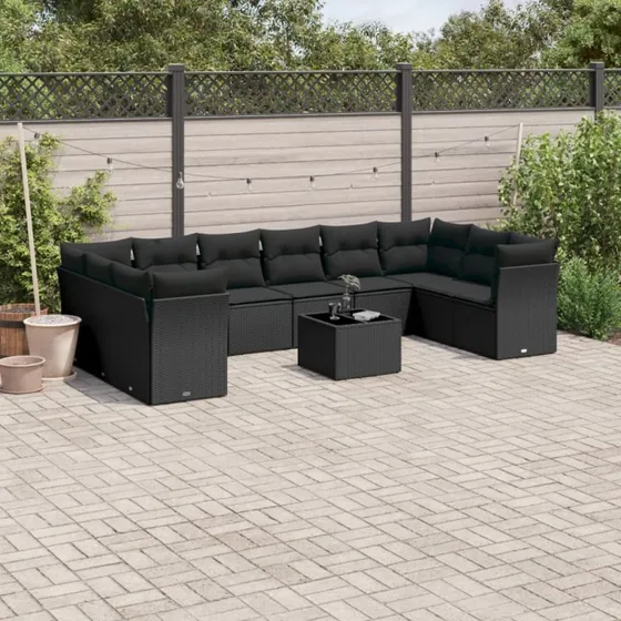 Havesofasæt 11 dele i sort polyrattan med hynder